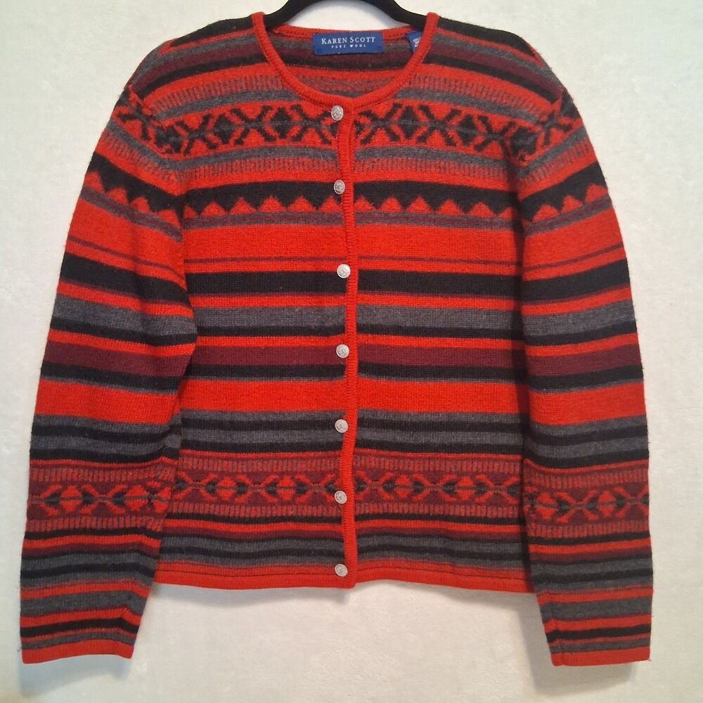 Karen Scott L Cardigan Sweater 100% Wool Red Fair Isle Button Cabincore Holiday